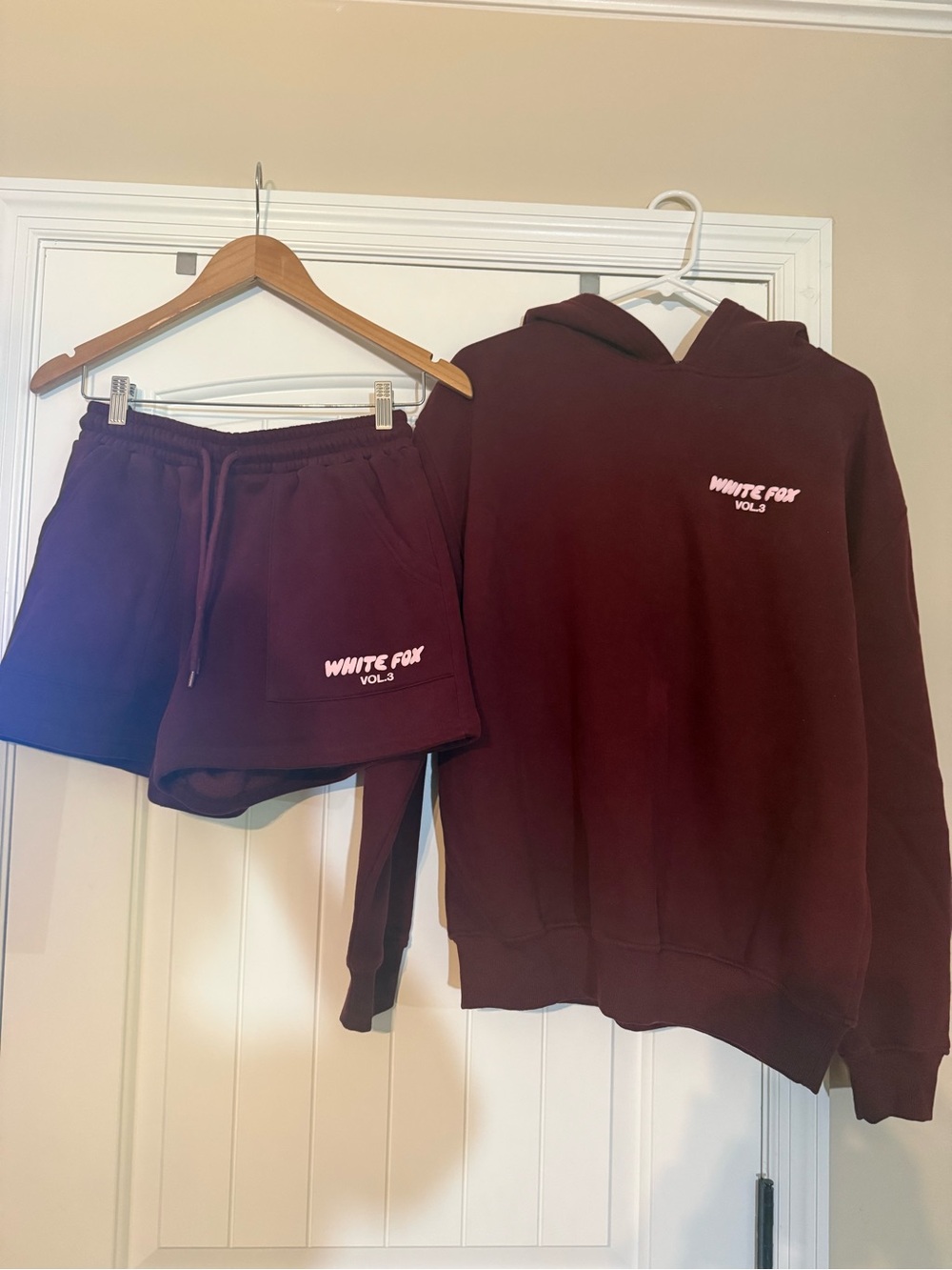 White Fox Burgundy Hoodie & Shorts Set